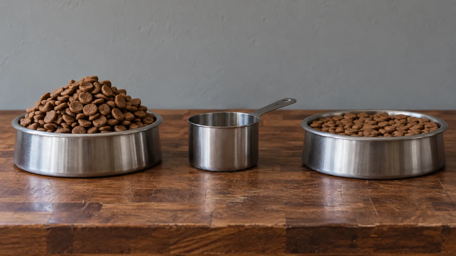 Two dog bowls showing how much one cup of dog food can vary by weight