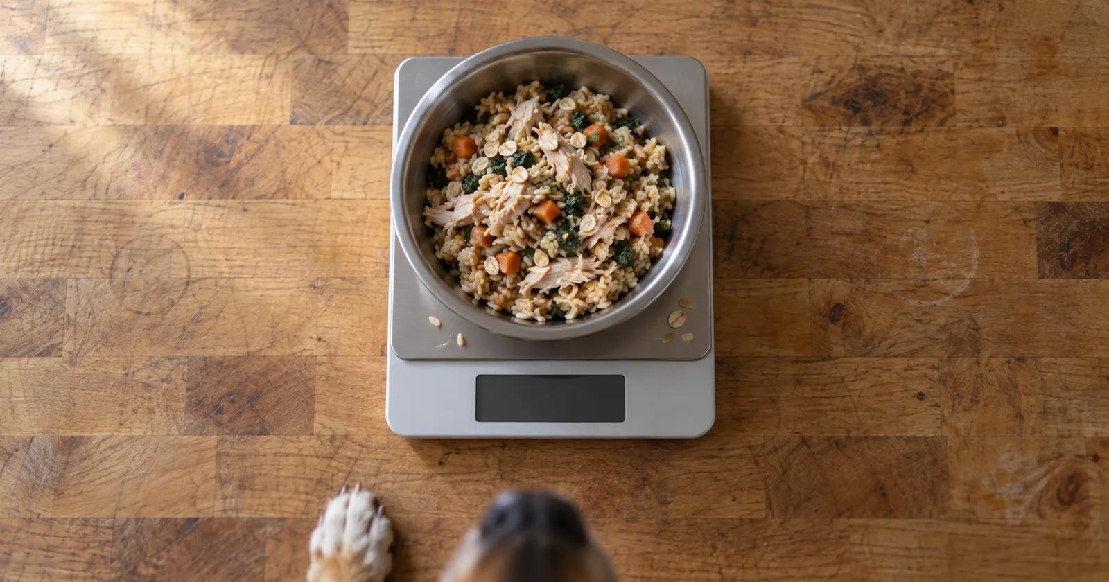 Weighing a portion of fresh dog food on a kitchen scale in a Denver kitchen