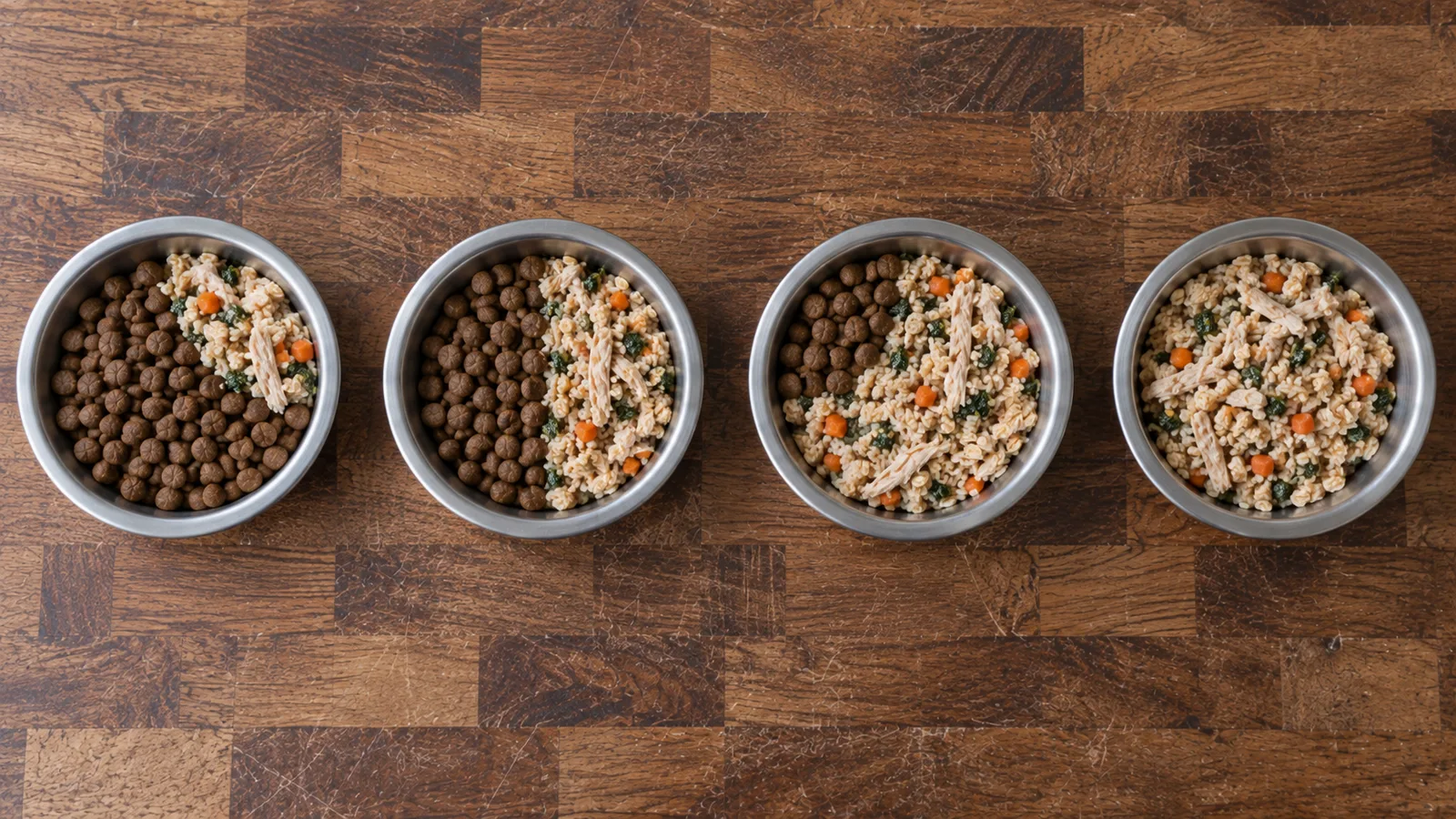 Four bowls showing the ten-day dog food transition ratios from old food to new