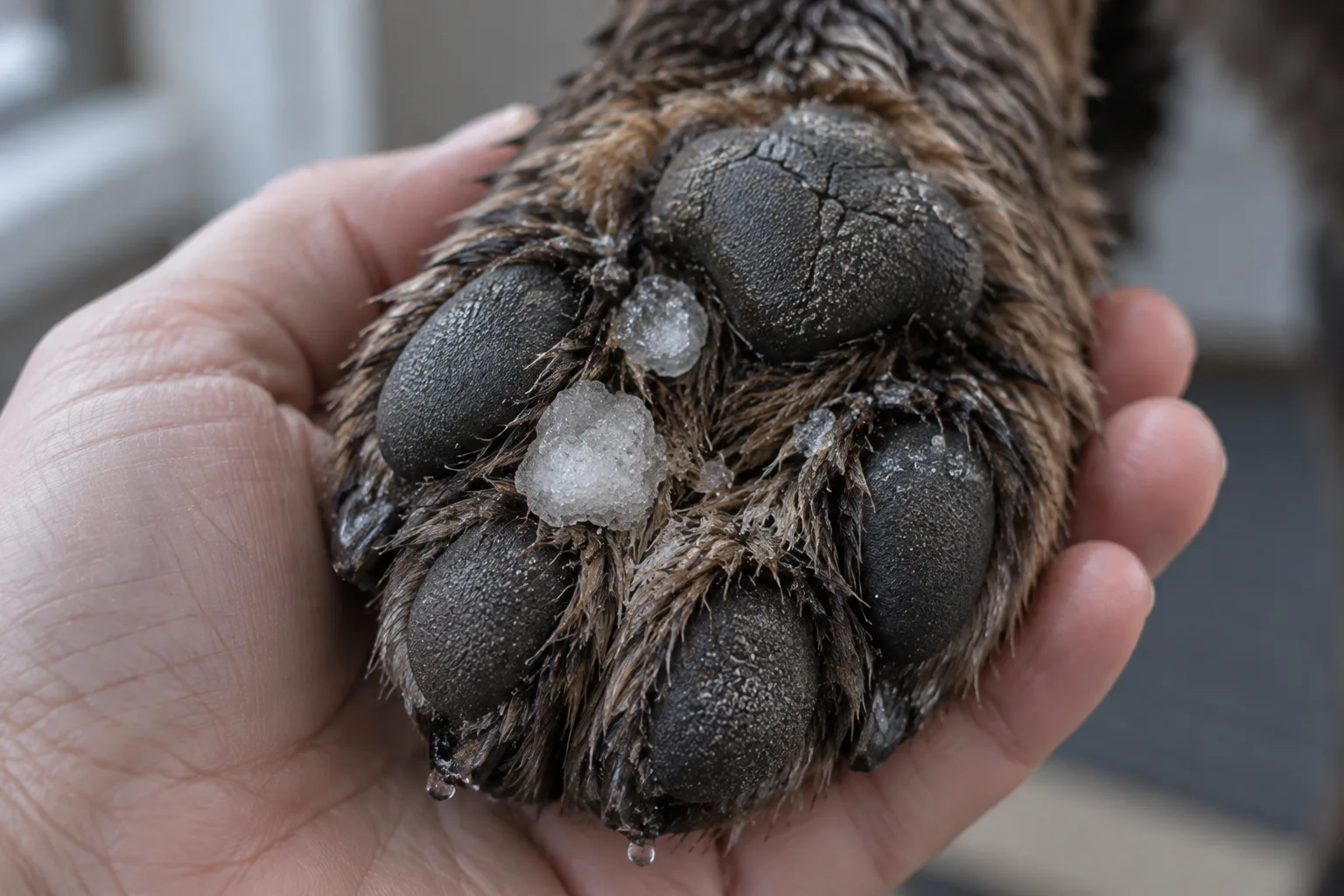 An ice ball matted in the fur between a dog's paw pads after a winter walk in Denver