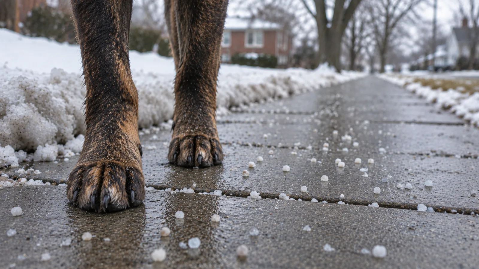 A dog walking over ice melt pellets on a salted Denver sidewalk in winter