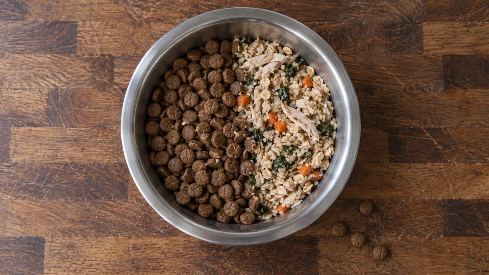 A dog bowl holding a fifty-fifty mix of old kibble and new fresh dog food during a transition
